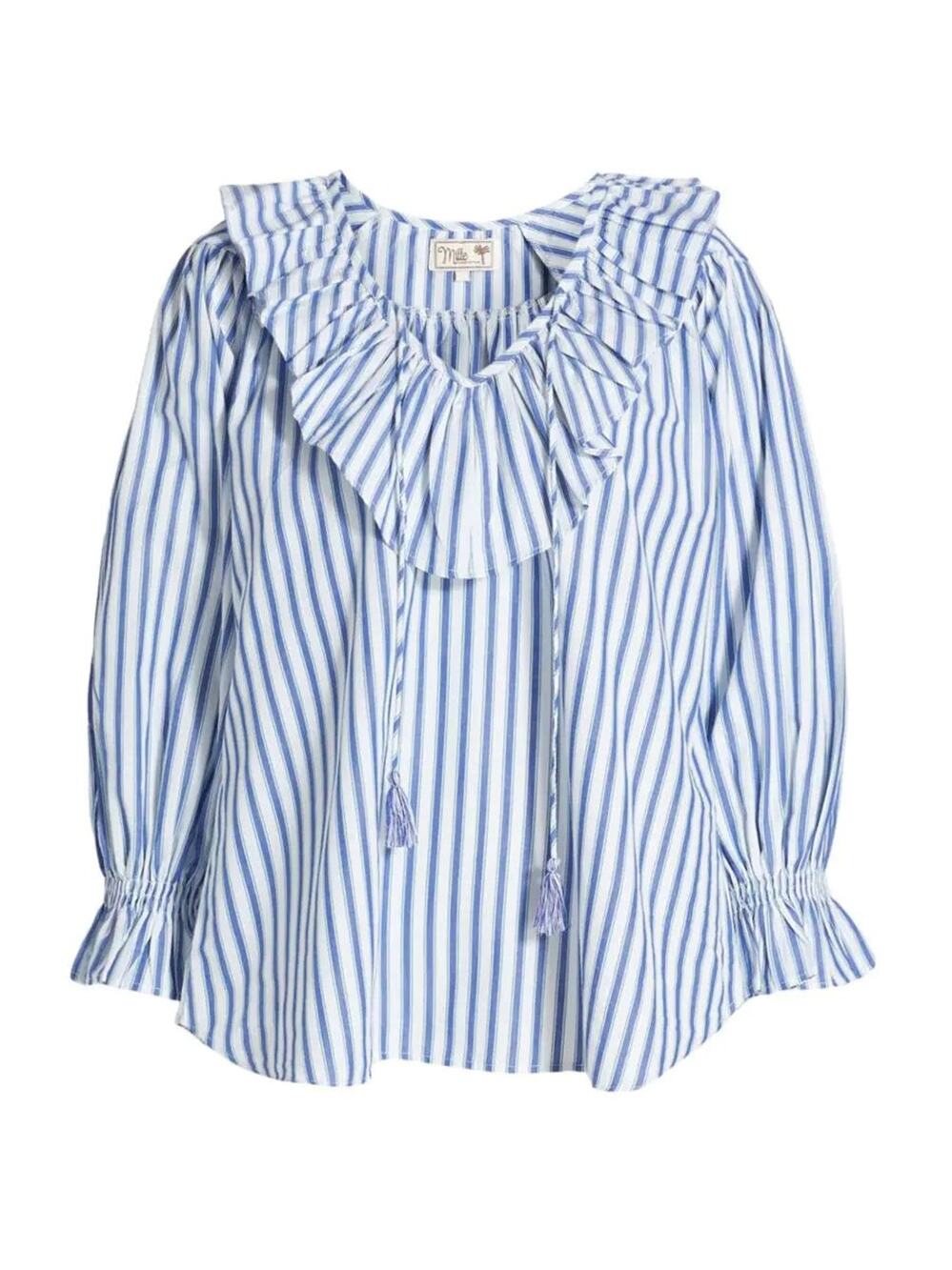MIlle May Ruffle Stripe Cotton Blouse - S Blue Stripe